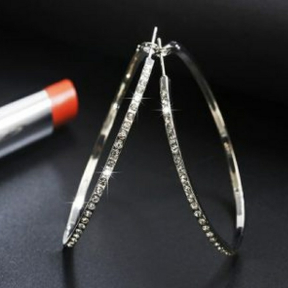 Silver Hoop Earrings Rhinestone Encrusted